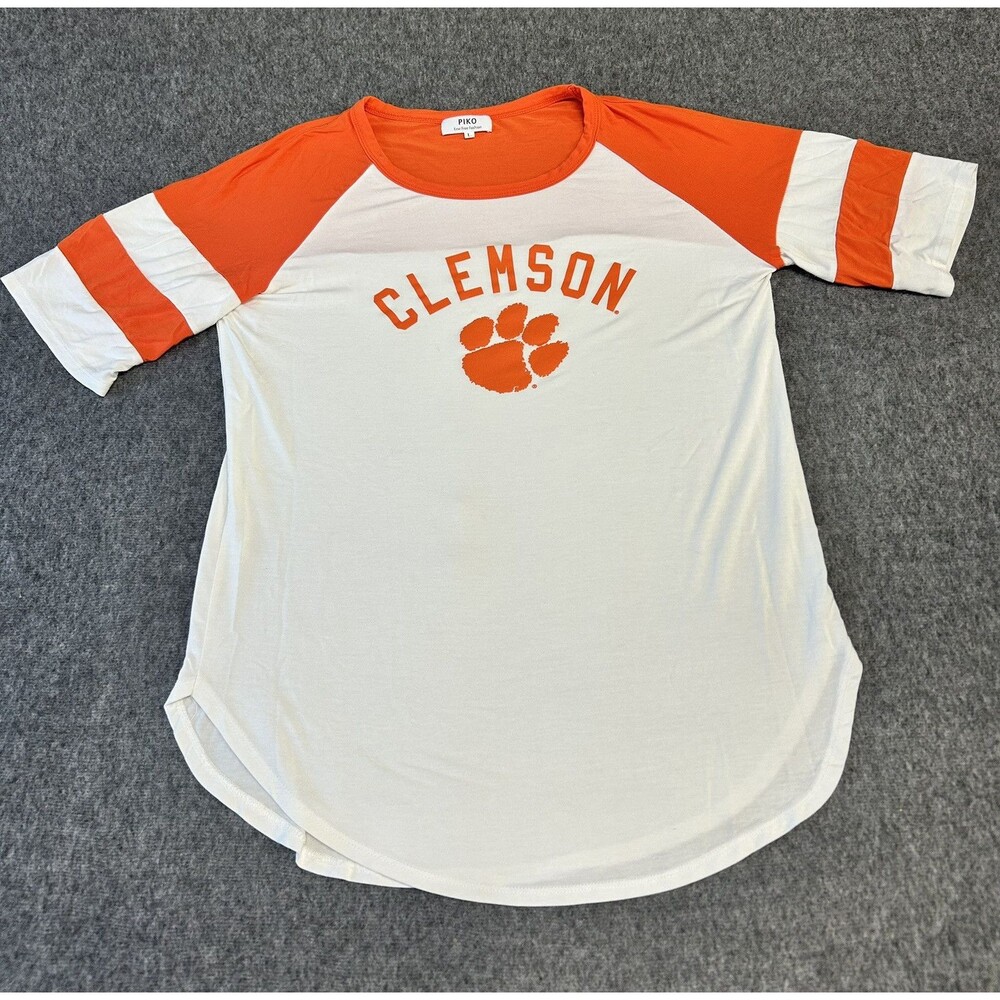 Piko T Shirt Clemson Tigers Sz L White Orange Ringer Raglan Rounded Hem